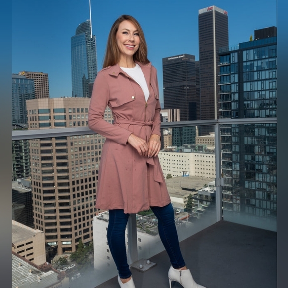 Gold Zip Front Princess Cut Knee Length Blazer W/Belt, Side Pockets & Gold Butto - Picture 3 of 3